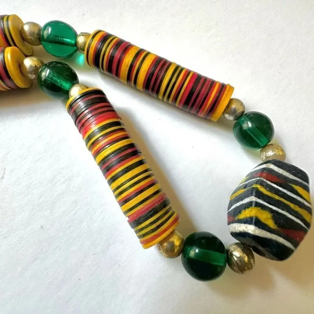 African coconut shell beaded disc necklace
